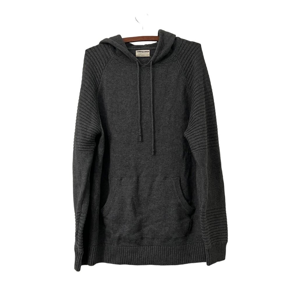 Candy Caviar Dark Gray Wool Blend Chunky Knit Ribbed Pullover Hoodie Sweater L